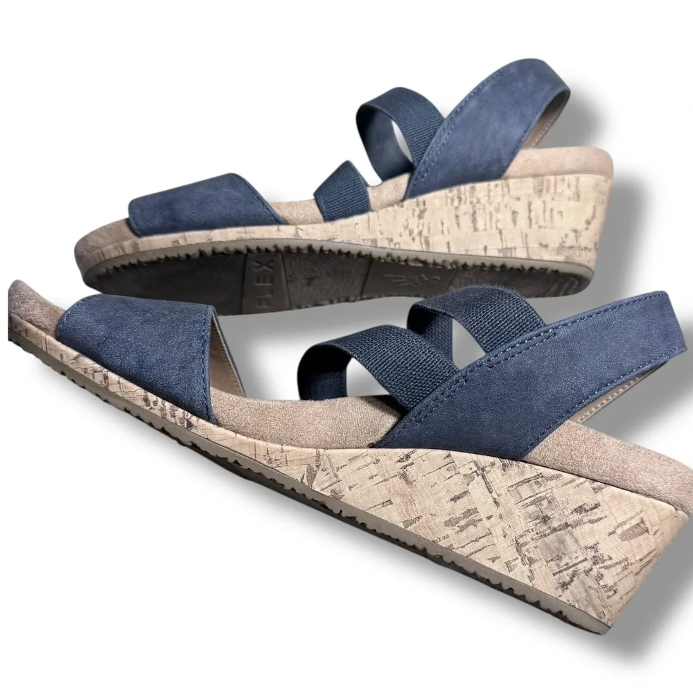 LifeStride Marina Wedge Sandals Blue Fabric Elastic Comfort Size 7.5M
